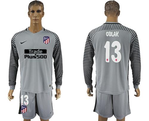 Atletico Madrid #13 Oblak Grey Goalkeeper Long Sleeves Soccer Club Jersey