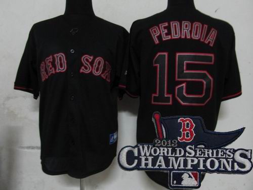 Boston Red Sox 15# Dustin Pedroia Pitch Black Fashion Jersey 2013 World Series Champions ptach