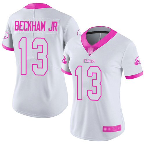 Browns #13 Odell Beckham Jr White Pink Women's Stitched Football Limited Rush Fashion Jersey