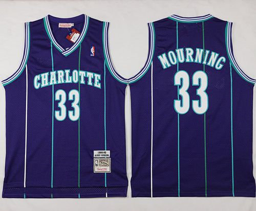 Charlotte Hornets 33 Alonzo Mourning Purple Throwback Mitchell And Ness NBA Jersey