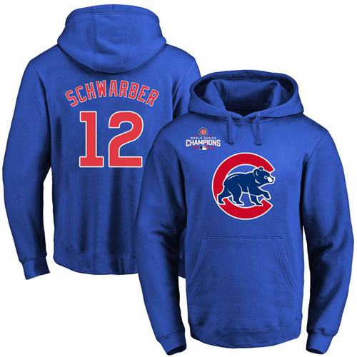 Chicago Cubs 12 Kyle Schwarber Blue 2016 World Series Champions Primary Logo Pullover MLB Hoodie
