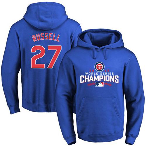 Chicago Cubs 27 Addison Russell Blue 2016 World Series Champions Pullover MLB Hoodie