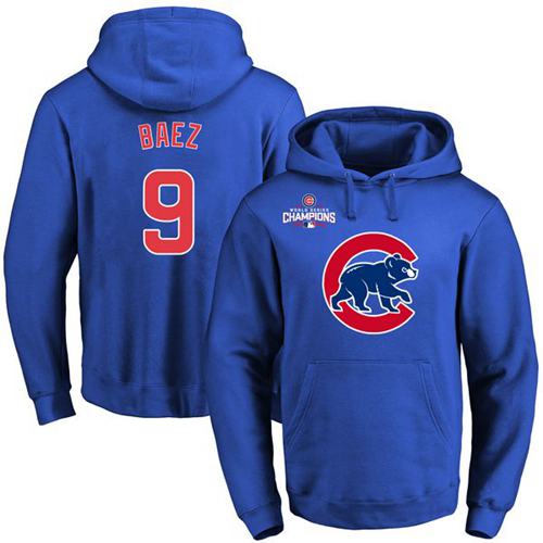 Chicago Cubs 9 Javier Baez Blue 2016 World Series Champions Primary Logo Pullover MLB Hoodie