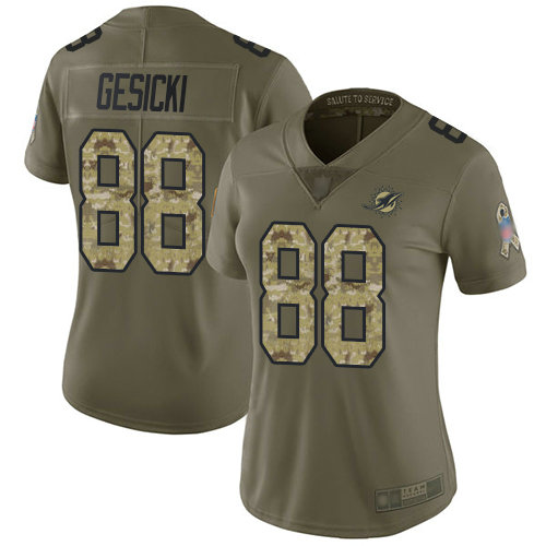 Dolphins #88 Mike Gesicki Olive Camo Women's Stitched Football Limited 2017 Salute to Service Jersey