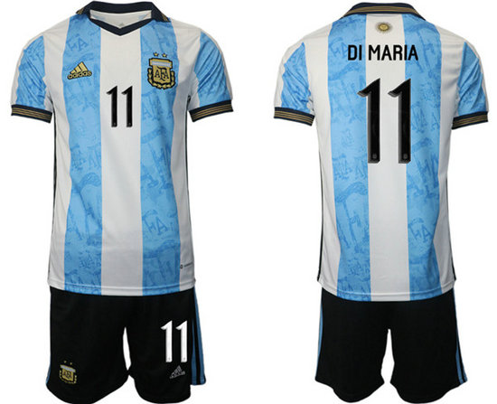 Men's Argentina #11 Di Maria White Blue Home Soccer Jersey Suit