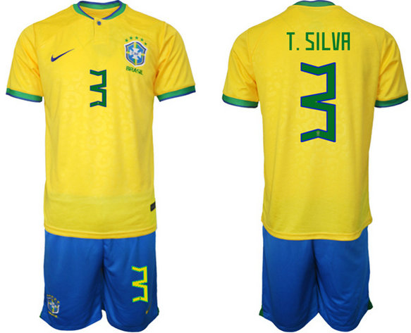 Men's Brazil #3 T. Silva Yellow 2022 FIFA World Cup HomeSoccer Jersey Suit
