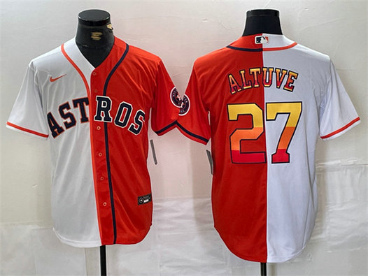 Men's Houston Astros #27 Jose Altuve White Orange Split With Patch Cool Base Stitched Baseball Jersey