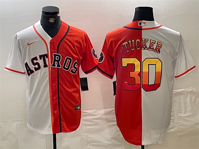 Men's Houston Astros #30 Kyle Tucker White Orange Split With Patch Cool Base Stitched Baseball Jersey