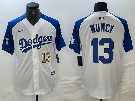 Men's Los Angeles Dodgers #13 Max Muncy White Blue Vin Patch Cool Base Stitched Baseball Jersey 4