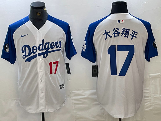 Men's Los Angeles Dodgers #17 Shohei Ohtani White Blue Vin Patch Cool Base Stitched Baseball Jersey 2
