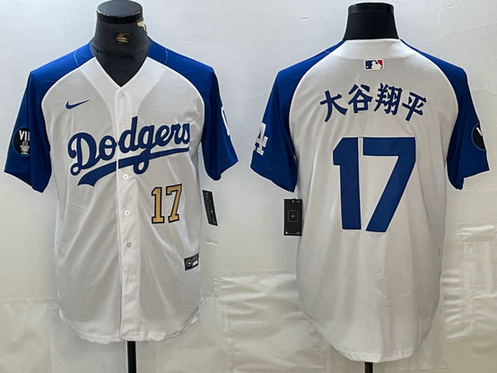 Men's Los Angeles Dodgers #17 Shohei Ohtani White Blue Vin Patch Cool Base Stitched Baseball Jersey 4