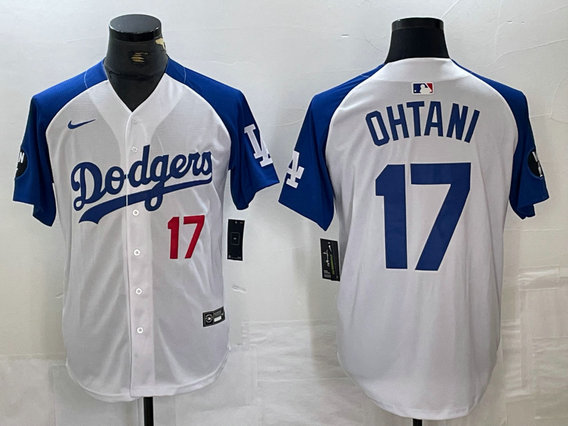 Men's Los Angeles Dodgers #17 Shohei Ohtani White Blue Vin Patch Cool Base Stitched Baseball Jersey 5