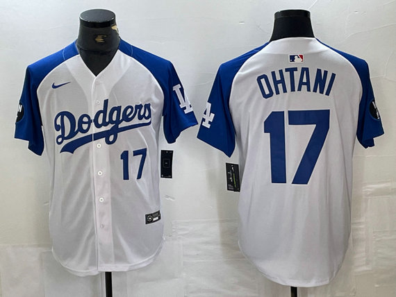 Men's Los Angeles Dodgers #17 Shohei Ohtani White Blue Vin Patch Cool Base Stitched Baseball Jersey 6