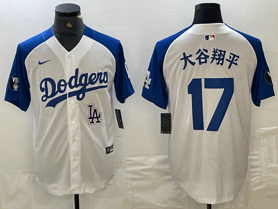 Men's Los Angeles Dodgers #17 Shohei Ohtani White Blue Vin Patch Cool Base Stitched Baseball Jersey 7