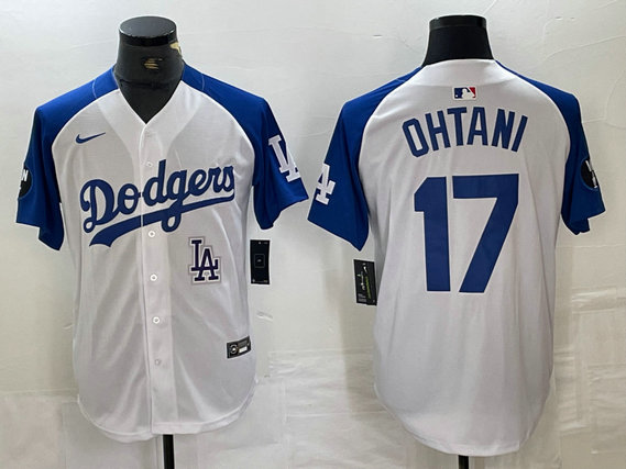 Men's Los Angeles Dodgers #17 Shohei Ohtani White Blue Vin Patch Cool Base Stitched Baseball Jersey 9