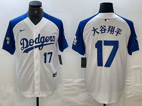 Men's Los Angeles Dodgers #17 Shohei Ohtani White Blue Vin Patch Cool Base Stitched Baseball Jersey clubjerseys.net