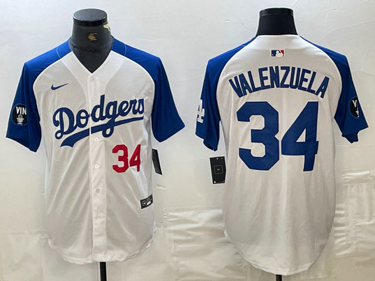 Men's Los Angeles Dodgers #34 Toro Valenzuela White Blue Vin Patch Cool Base Stitched Baseball Jersey  10