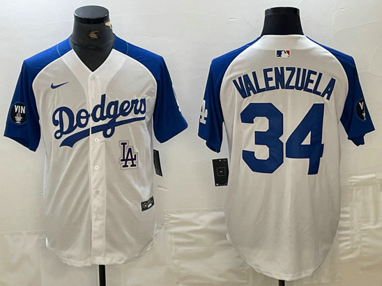 Men's Los Angeles Dodgers #34 Toro Valenzuela White Blue Vin Patch Cool Base Stitched Baseball Jersey  8