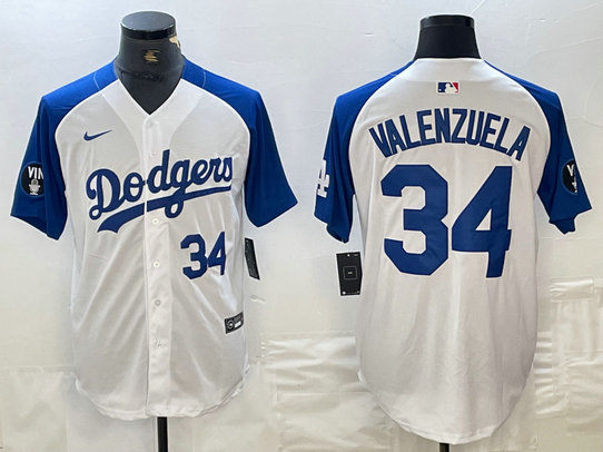 Men's Los Angeles Dodgers #34 Toro Valenzuela White Blue Vin Patch Cool Base Stitched Baseball Jersey