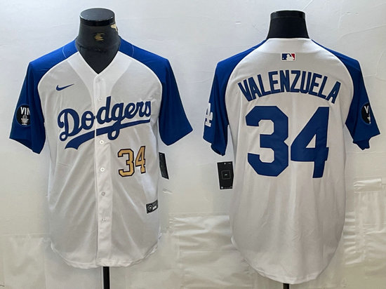 Men's Los Angeles Dodgers #34 Toro Valenzuela White Blue Vin Patch Cool Base Stitched Baseball Jersey 9