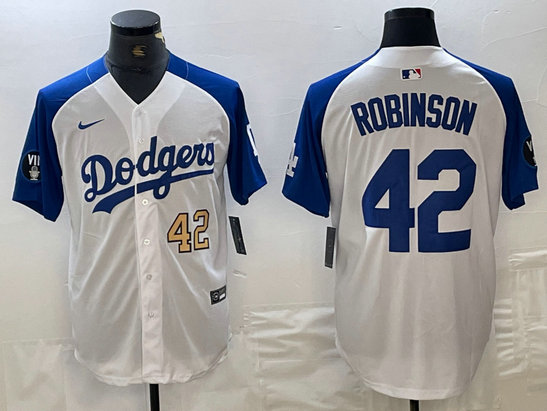 Men's Los Angeles Dodgers #42 Jackie Robinson White Blue Vin Patch Cool Base Stitched Baseball Jersey 1