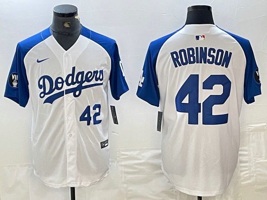 Men's Los Angeles Dodgers #42 Jackie Robinson White Blue Vin Patch Cool Base Stitched Baseball Jersey 4
