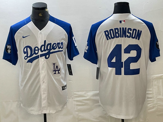 Men's Los Angeles Dodgers #42 Jackie Robinson White Blue Vin Patch Cool Base Stitched Baseball Jersey 6
