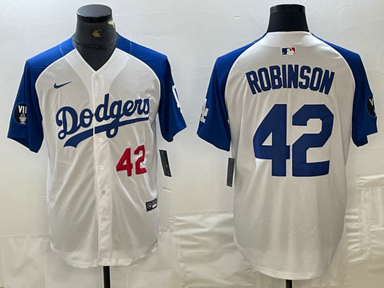 Men's Los Angeles Dodgers #42 Jackie Robinson White Blue Vin Patch Cool Base Stitched Baseball Jersey ebjerseys.com