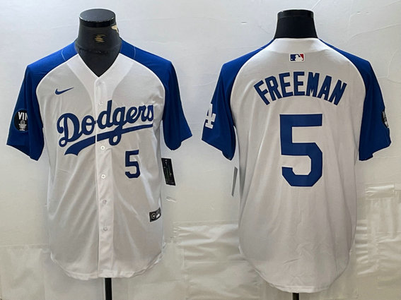 Men's Los Angeles Dodgers #5 Freddie Freeman White Blue Vin Patch Cool Base Stitched Baseball Jersey 1