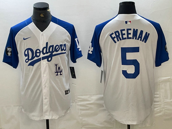 Men's Los Angeles Dodgers #5 Freddie Freeman White Blue Vin Patch Cool Base Stitched Baseball Jersey 10