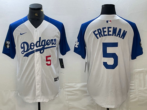 Men's Los Angeles Dodgers #5 Freddie Freeman White Blue Vin Patch Cool Base Stitched Baseball Jersey 2