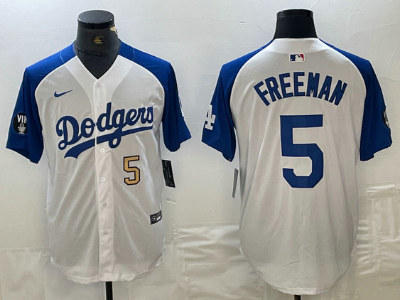 Men's Los Angeles Dodgers #5 Freddie Freeman White Blue Vin Patch Cool Base Stitched Baseball Jersey