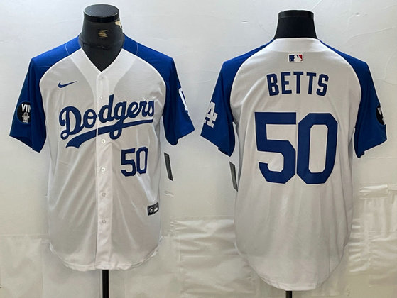 Men's Los Angeles Dodgers #50 Mookie Betts White Blue Vin Patch Cool Base Stitched Baseball Jersey 1