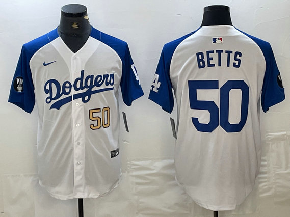 Men's Los Angeles Dodgers #50 Mookie Betts White Blue Vin Patch Cool Base Stitched Baseball Jersey 2
