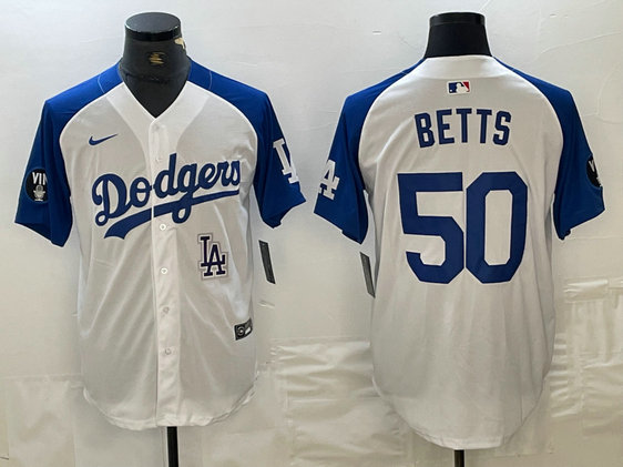 Men's Los Angeles Dodgers #50 Mookie Betts White Blue Vin Patch Cool Base Stitched Baseball Jersey 5