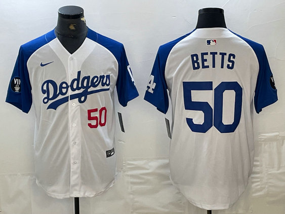 Men's Los Angeles Dodgers #50 Mookie Betts White Blue Vin Patch Cool Base Stitched Baseball Jersey ebjerseys.com
