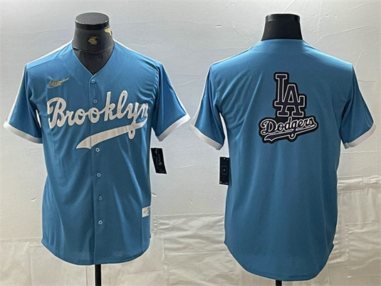 Men's Los Angeles Dodgers Team Big Logo Light Blue Throwback Cool Base Stitched Baseball Jersey 1