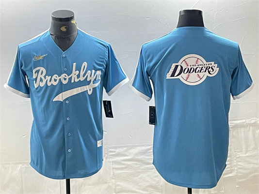 Men's Los Angeles Dodgers Team Big Logo Light Blue Throwback Cool Base Stitched Baseball Jersey 2