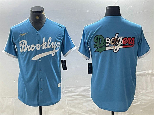 Men's Los Angeles Dodgers Team Big Logo Light Blue Throwback Cool Base Stitched Baseball Jersey 4