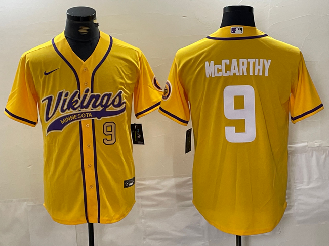 Men's Minnesota Vikings #9 J.J. McCarthy Yellow Cool Base Stitched Baseball Jersey 1