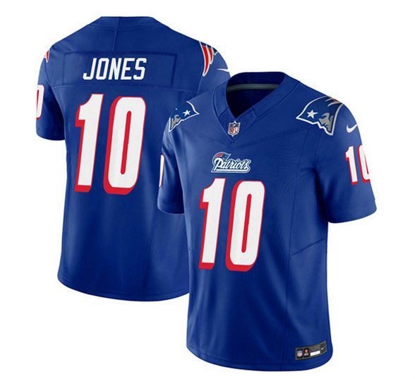 Men's New England Patriots #10 Mac Jones Blue 2023 F.U.S.E. Throwback Limited Stitched Football Jersey