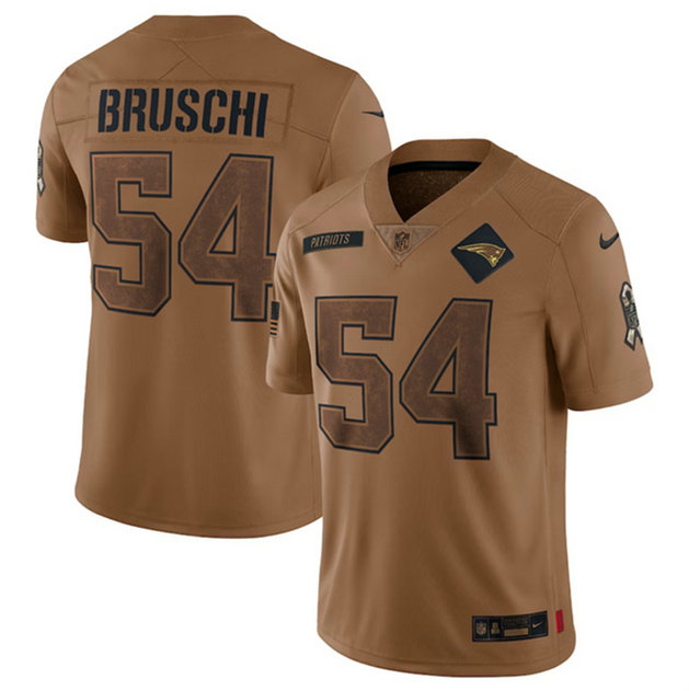 Men's New England Patriots #54 Tedy Bruschi 2023 Brown Salute To Service Limited Stitched Football Jersey