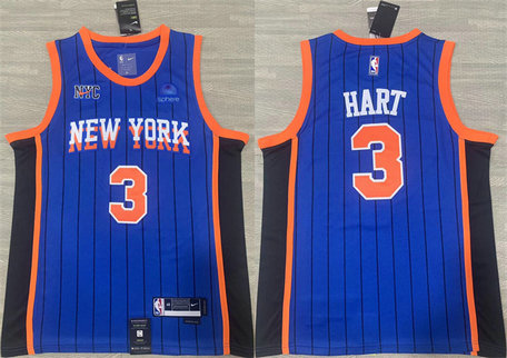 Men's New Yok Knicks #3 Josh Hart Blue 2023 24 City Edition Stitched Basketball Jersey