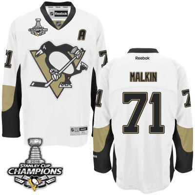 Men Pittsburgh Penguins 71 Evgeni Malkin White Road A Patch Jersey 2016 Stanley Cup Champions Patch
