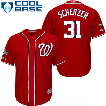 Nationals #31 Max Scherzer Red Cool Base 2019 World Series Champions Stitched Youth Baseball Jersey