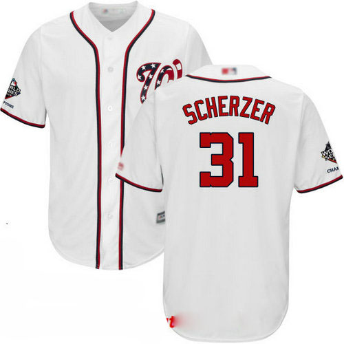 Nationals #31 Max Scherzer White Cool Base 2019 World Series Champions Stitched Youth Baseball Jersey