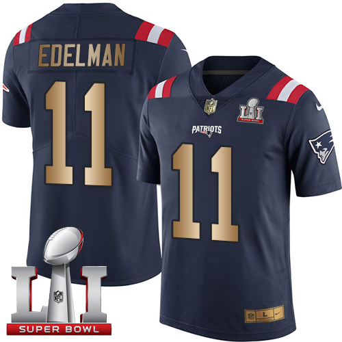 Nike Patriots #11 Julian Edelman Navy Blue Super Bowl LI 51 Limited Gold Rush Jersey