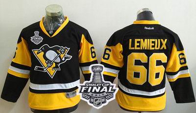 Penguins #66 Mario Lemieux Black Alternate 2017 Stanley Cup Final Patch Stitched Youth NHL Jersey