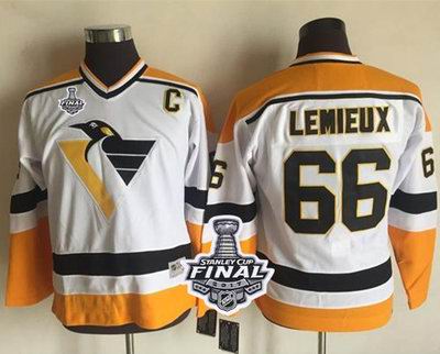 Penguins #66 Mario Lemieux White Yellow CCM Throwback 2017 Stanley Cup Final Patch Stitched Youth NHL Jersey