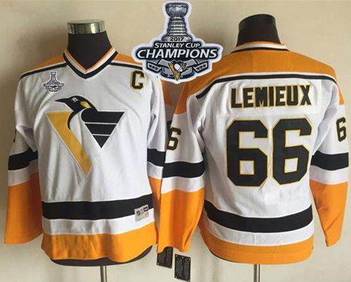 Penguins #66 Mario Lemieux White Yellow CCM Throwback 2017 Stanley Cup Finals Champions Stitched Youth NHL Jersey
